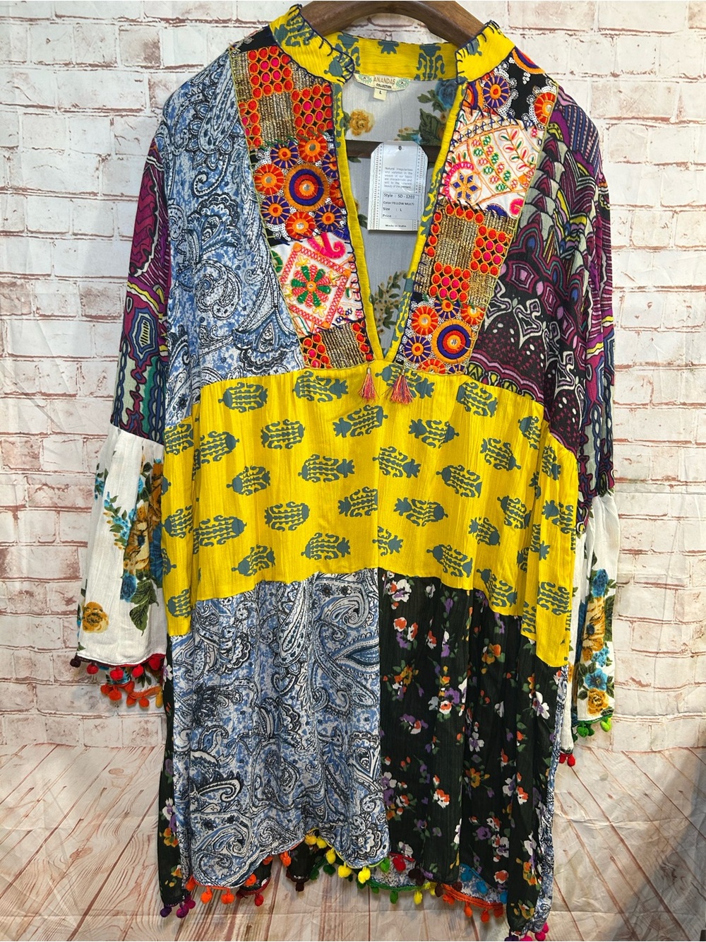 Boho Chic Patchwork Tunic Mini Dress Multicolor Floral Paisley Pom Trim Large - Picture 3 of 7